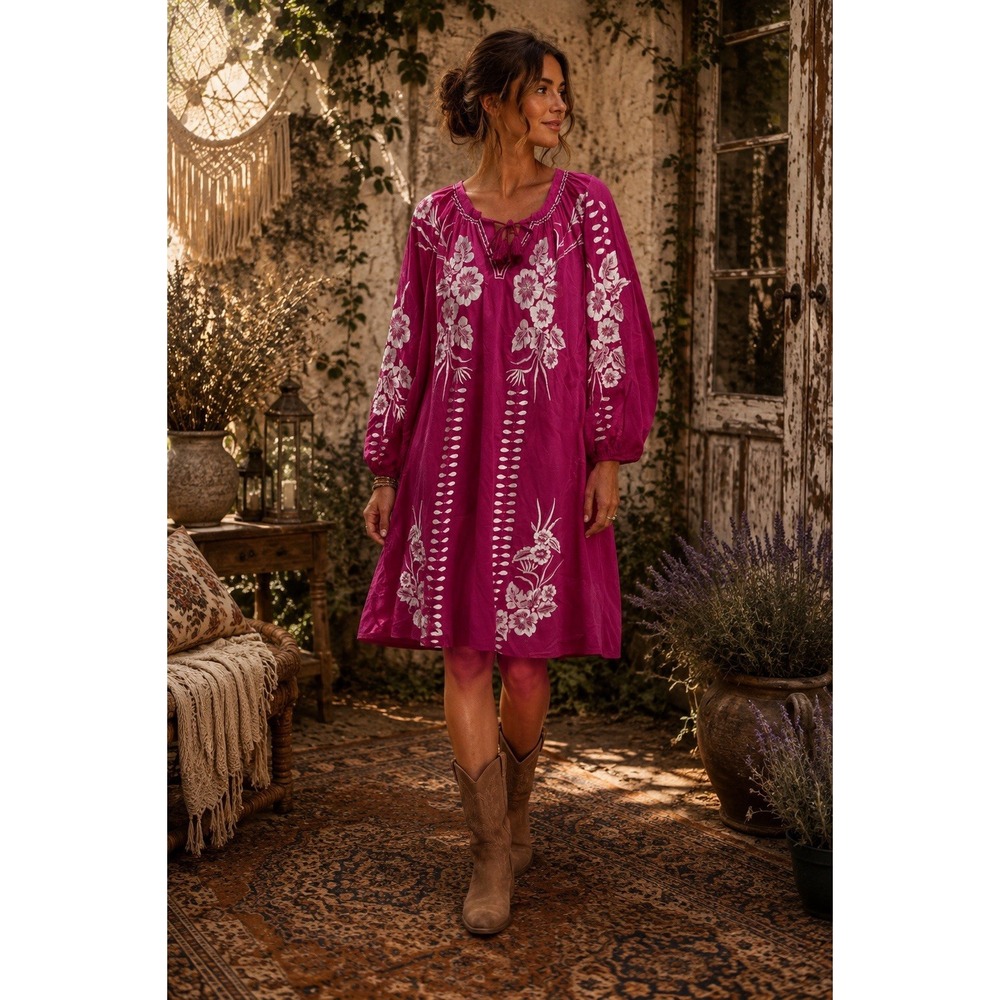 Chico's Midi Dress Kaftan Womens 3/XL Pink Cotton Embroidered Floral Bohemian